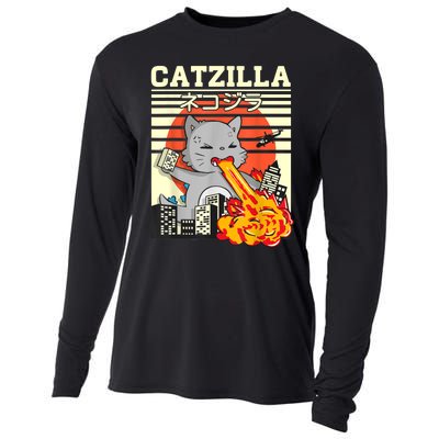 Funny Catzilla Kawaii Cat Kitten Lover Japanese Sunset Cooling Performance Long Sleeve Crew