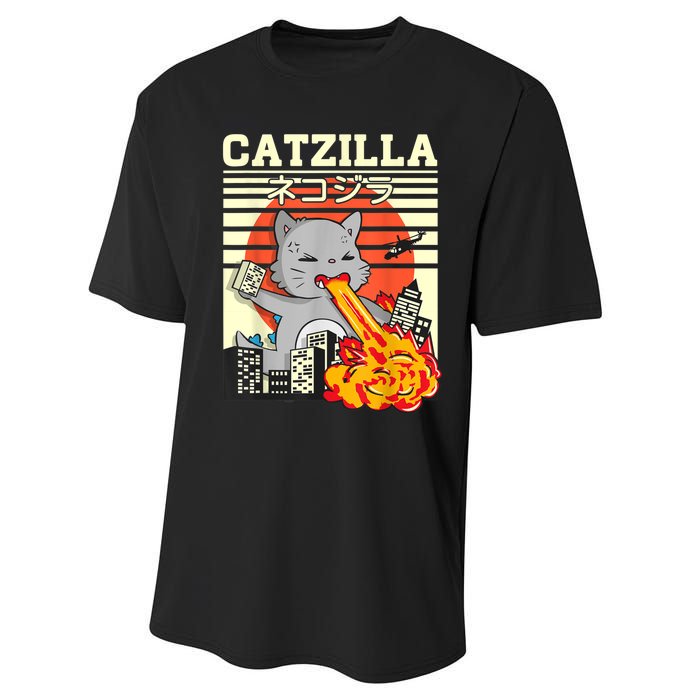 Funny Catzilla Kawaii Cat Kitten Lover Japanese Sunset Performance Sprint T-Shirt