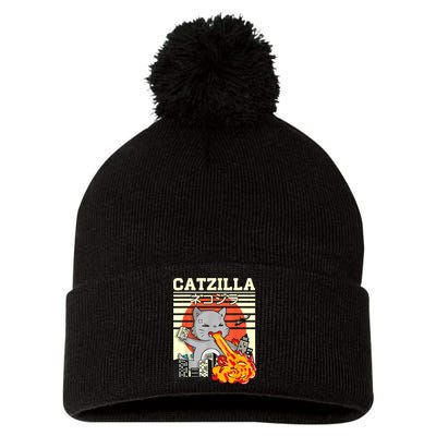 Funny Catzilla Kawaii Cat Kitten Lover Japanese Sunset Pom Pom 12in Knit Beanie