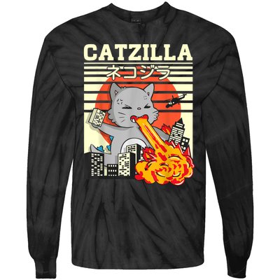 Funny Catzilla Kawaii Cat Kitten Lover Japanese Sunset Tie-Dye Long Sleeve Shirt