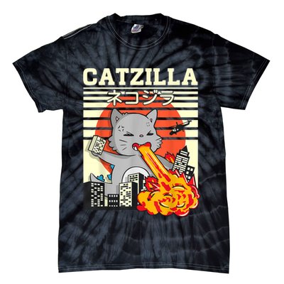 Funny Catzilla Kawaii Cat Kitten Lover Japanese Sunset Tie-Dye T-Shirt