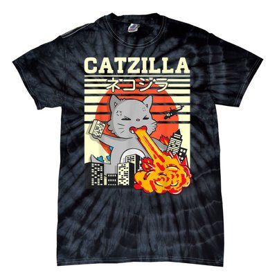 Funny Catzilla Kawaii Cat Kitten Lover Japanese Sunset Tie-Dye T-Shirt