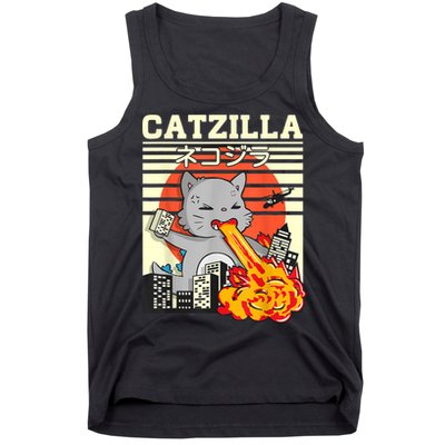 Funny Catzilla Kawaii Cat Kitten Lover Japanese Sunset Tank Top