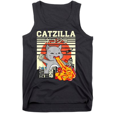 Funny Catzilla Kawaii Cat Kitten Lover Japanese Sunset Tank Top