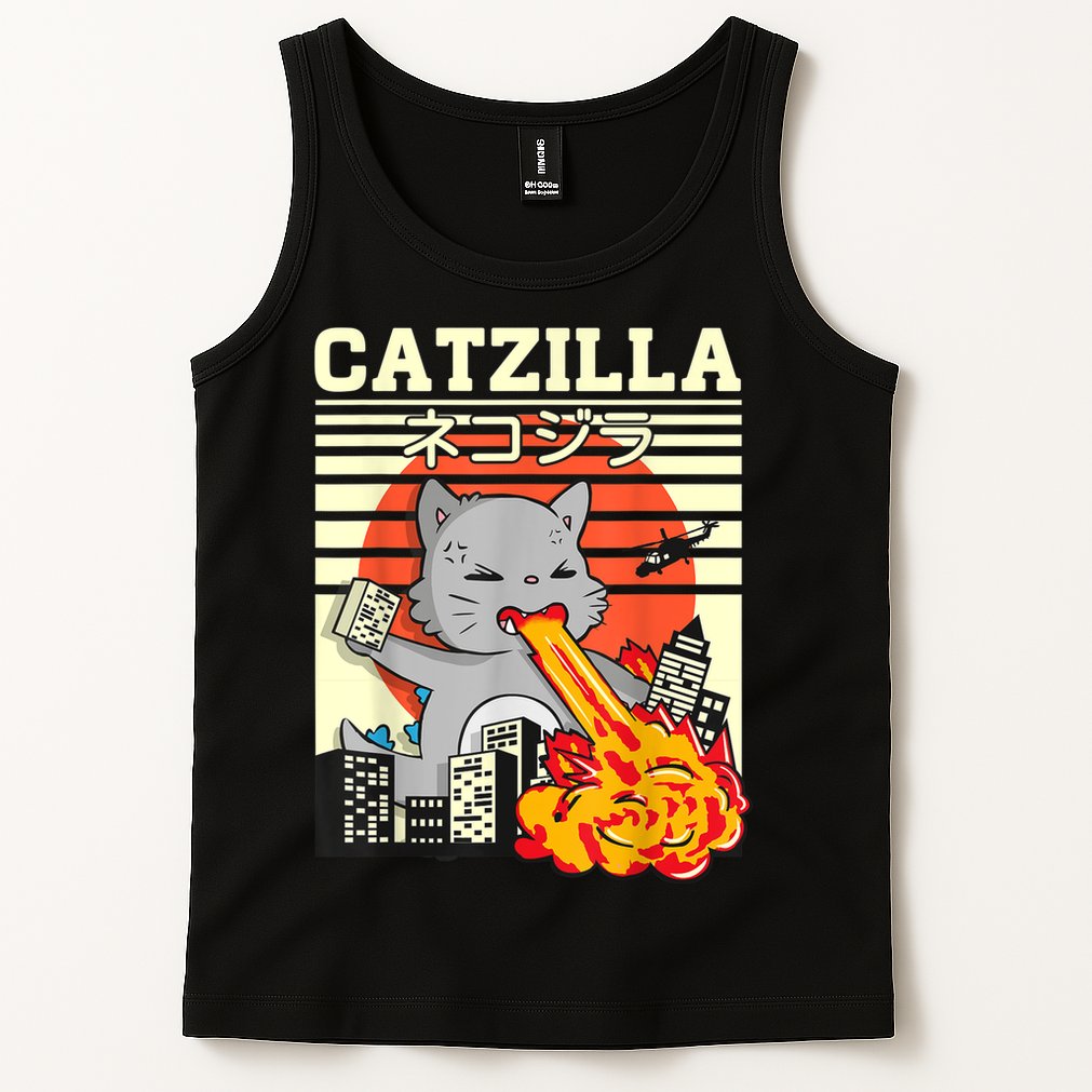 Funny Catzilla Kawaii Cat Kitten Lover Japanese Sunset Tank Top