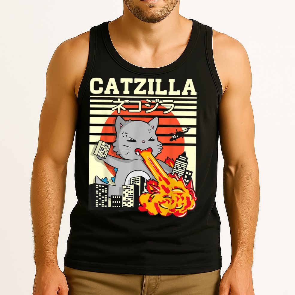 Funny Catzilla Kawaii Cat Kitten Lover Japanese Sunset Tank Top