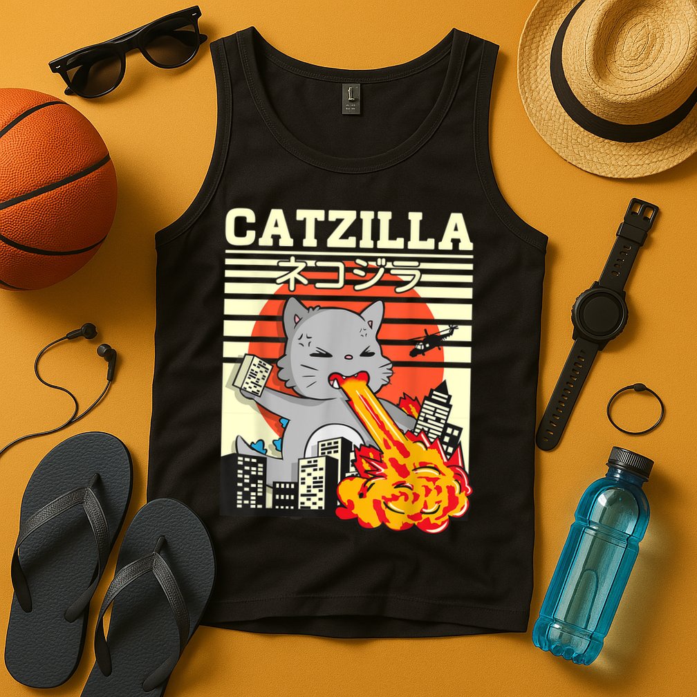 Funny Catzilla Kawaii Cat Kitten Lover Japanese Sunset Tank Top