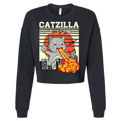 Funny Catzilla Kawaii Cat Kitten Lover Japanese Sunset Cropped Pullover Crew