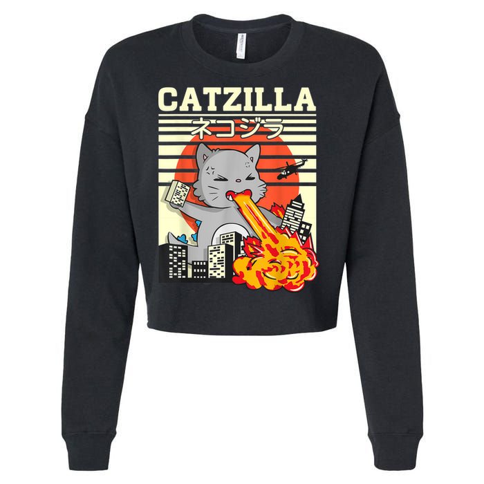 Funny Catzilla Kawaii Cat Kitten Lover Japanese Sunset Cropped Pullover Crew
