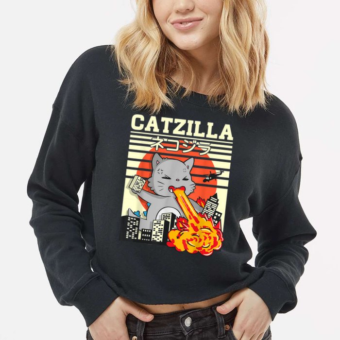 Funny Catzilla Kawaii Cat Kitten Lover Japanese Sunset Cropped Pullover Crew
