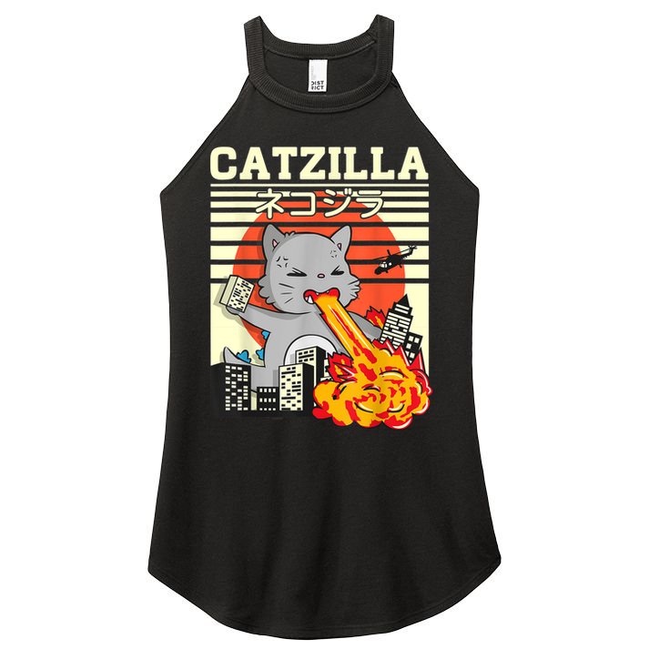 Funny Catzilla Kawaii Cat Kitten Lover Japanese Sunset Women's Perfect Tri Rocker Tank