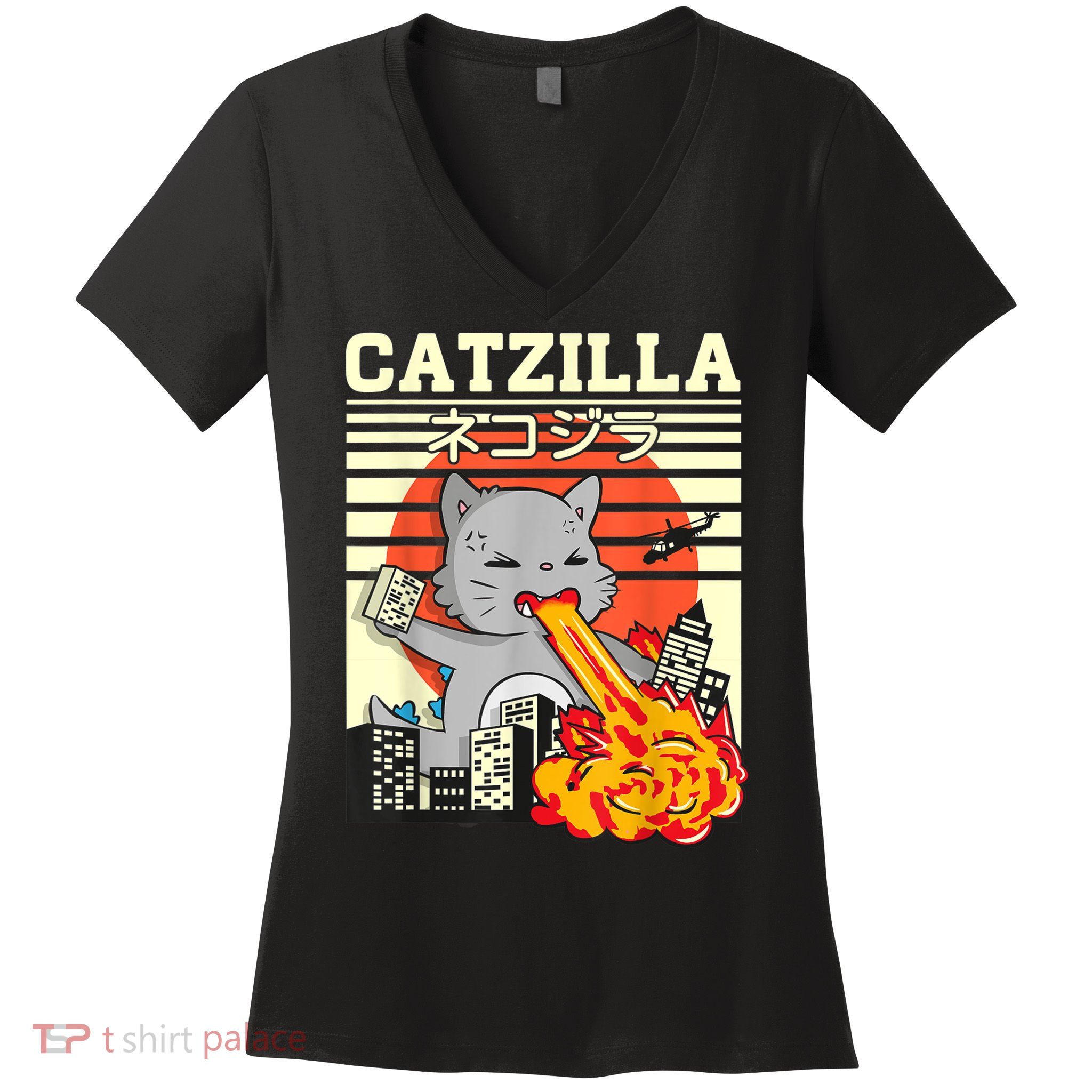 Funny Catzilla Kawaii Cat Kitten Lover Japanese Sunset Women's V-Neck T-Shirt