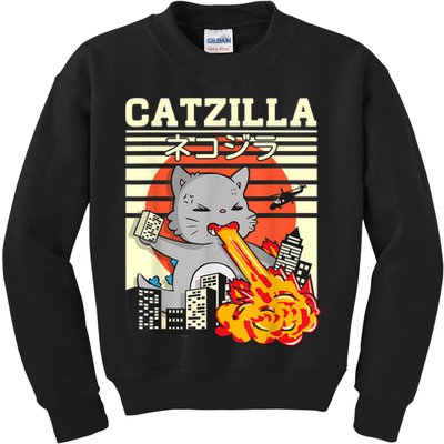 Funny Catzilla Kawaii Cat Kitten Lover Japanese Sunset Kids Sweatshirt