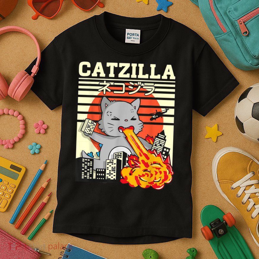Funny Catzilla Kawaii Cat Kitten Lover Japanese Sunset Kids T-Shirt
