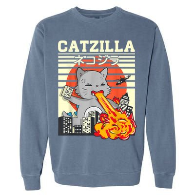Funny Catzilla Kawaii Cat Kitten Lover Japanese Sunset Garment-Dyed Sweatshirt