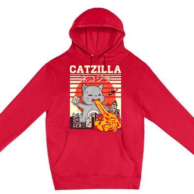 Funny Catzilla Kawaii Cat Kitten Lover Japanese Sunset Premium Pullover Hoodie