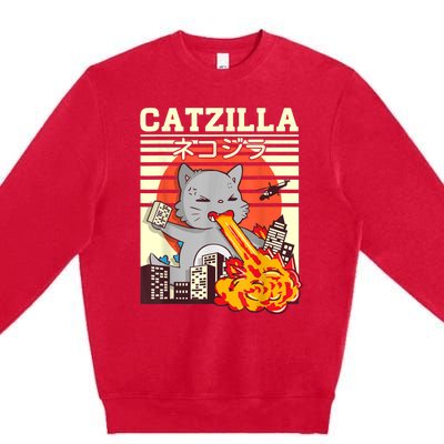 Funny Catzilla Kawaii Cat Kitten Lover Japanese Sunset Premium Crewneck Sweatshirt