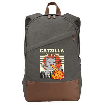 Funny Catzilla Kawaii Cat Kitten Lover Japanese Sunset Cotton Canvas Backpack