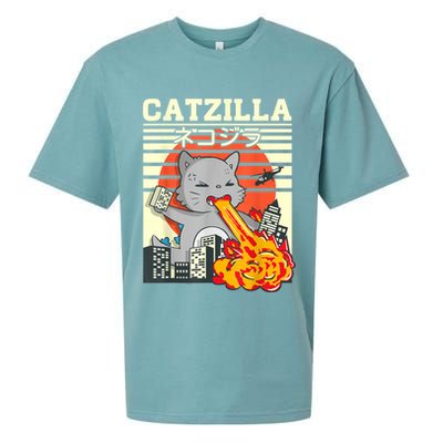 Funny Catzilla Kawaii Cat Kitten Lover Japanese Sunset Sueded Cloud Jersey T-Shirt