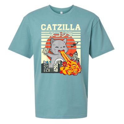 Funny Catzilla Kawaii Cat Kitten Lover Japanese Sunset Sueded Cloud Jersey T-Shirt