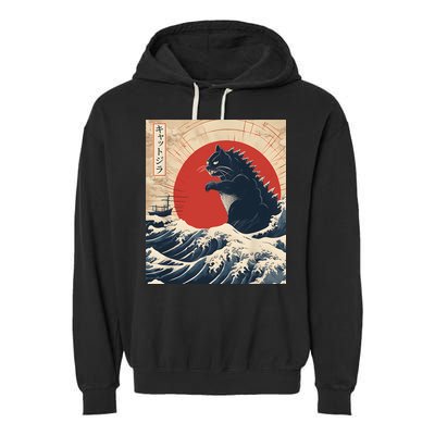 Funny Cat Kaiju Japanese Sunset Vintage Catzilla Great Wave Garment-Dyed Fleece Hoodie