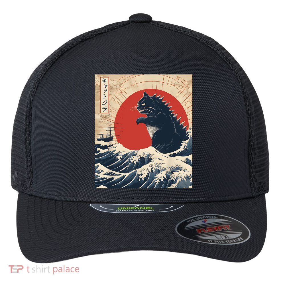 Funny Cat Kaiju Japanese Sunset Vintage Catzilla Great Wave Flexfit Unipanel Trucker Cap