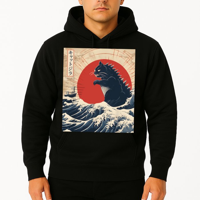Funny Cat Kaiju Japanese Sunset Vintage Catzilla Great Wave Hoodie
