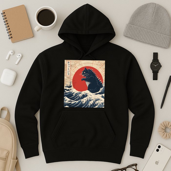 Funny Cat Kaiju Japanese Sunset Vintage Catzilla Great Wave Hoodie