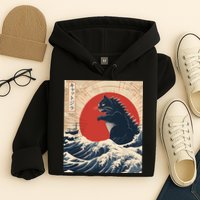 Funny Cat Kaiju Japanese Sunset Vintage Catzilla Great Wave Hoodie