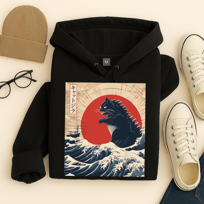 Funny Cat Kaiju Japanese Sunset Vintage Catzilla Great Wave Hoodie
