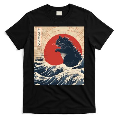 Funny Cat Kaiju Japanese Sunset Vintage Catzilla Great Wave T-Shirt