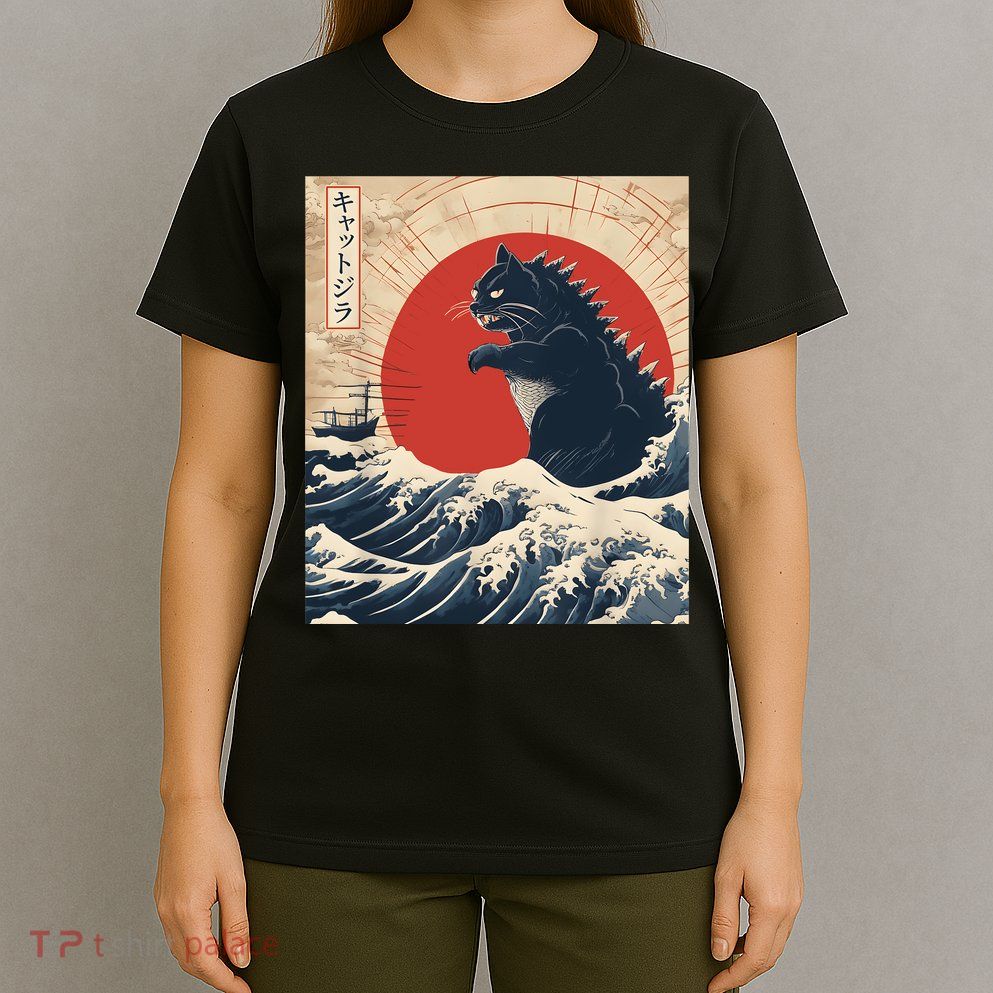 Funny Cat Kaiju Japanese Sunset Vintage Catzilla Great Wave T-Shirt
