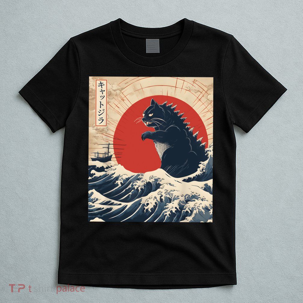 Funny Cat Kaiju Japanese Sunset Vintage Catzilla Great Wave T-Shirt