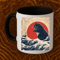Funny Cat Kaiju Japanese Sunset Vintage Catzilla Great Wave Mug