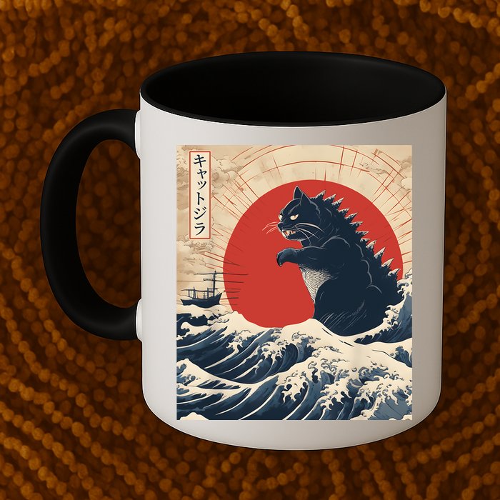 Funny Cat Kaiju Japanese Sunset Vintage Catzilla Great Wave Mug