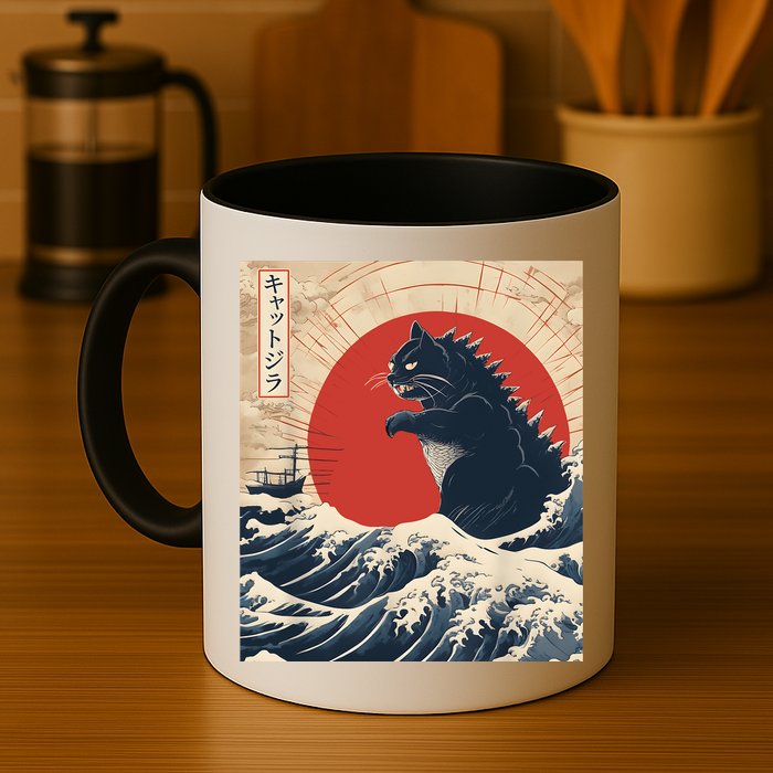 Funny Cat Kaiju Japanese Sunset Vintage Catzilla Great Wave Mug
