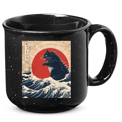 Funny Cat Kaiju Japanese Sunset Vintage Catzilla Great Wave 15oz Campfire Ceramic Mug