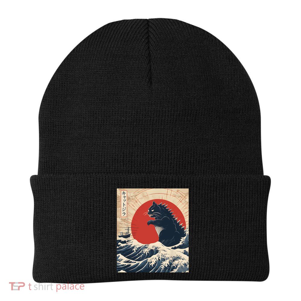 Funny Cat Kaiju Japanese Sunset Vintage Catzilla Great Wave Beanie