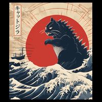 Funny Cat Kaiju Japanese Sunset Vintage Catzilla Great Wave Flatbill Hat