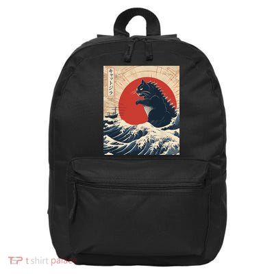 Funny Cat Kaiju Japanese Sunset Vintage Catzilla Great Wave 16 in Basic Backpack
