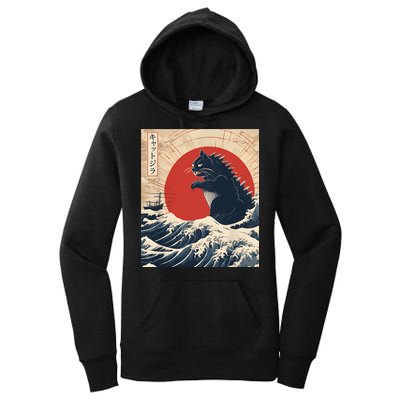 Funny Cat Kaiju Japanese Sunset Vintage Catzilla Great Wave Women's Pullover Hoodie