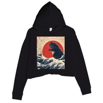 Funny Cat Kaiju Japanese Sunset Vintage Catzilla Great Wave Crop Fleece Hoodie