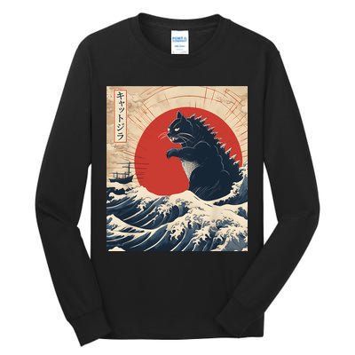 Funny Cat Kaiju Japanese Sunset Vintage Catzilla Great Wave Tall Long Sleeve T-Shirt