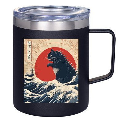 Funny Cat Kaiju Japanese Sunset Vintage Catzilla Great Wave 12oz Stainless Steel Coffee Mug