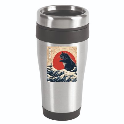 Funny Cat Kaiju Japanese Sunset Vintage Catzilla Great Wave 16oz Travel Tumbler