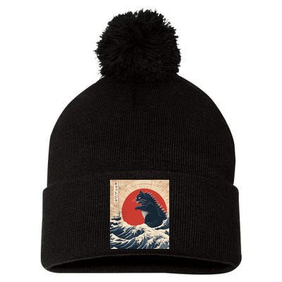 Funny Cat Kaiju Japanese Sunset Vintage Catzilla Great Wave Pom Pom 12in Knit Beanie