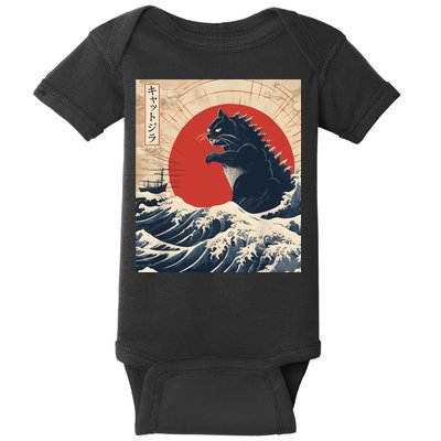 Funny Cat Kaiju Japanese Sunset Vintage Catzilla Great Wave Baby Bodysuit
