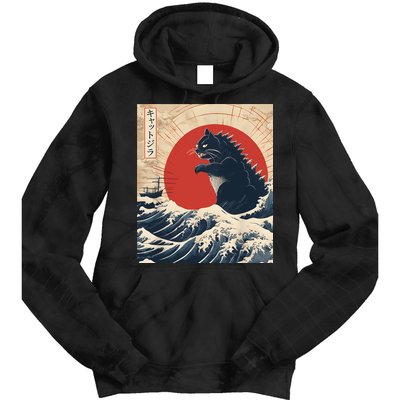 Funny Cat Kaiju Japanese Sunset Vintage Catzilla Great Wave Tie Dye Hoodie