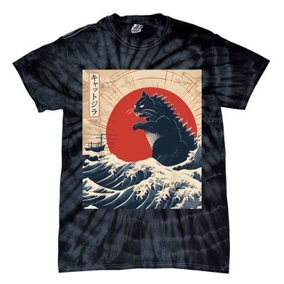 Funny Cat Kaiju Japanese Sunset Vintage Catzilla Great Wave Tie-Dye T-Shirt