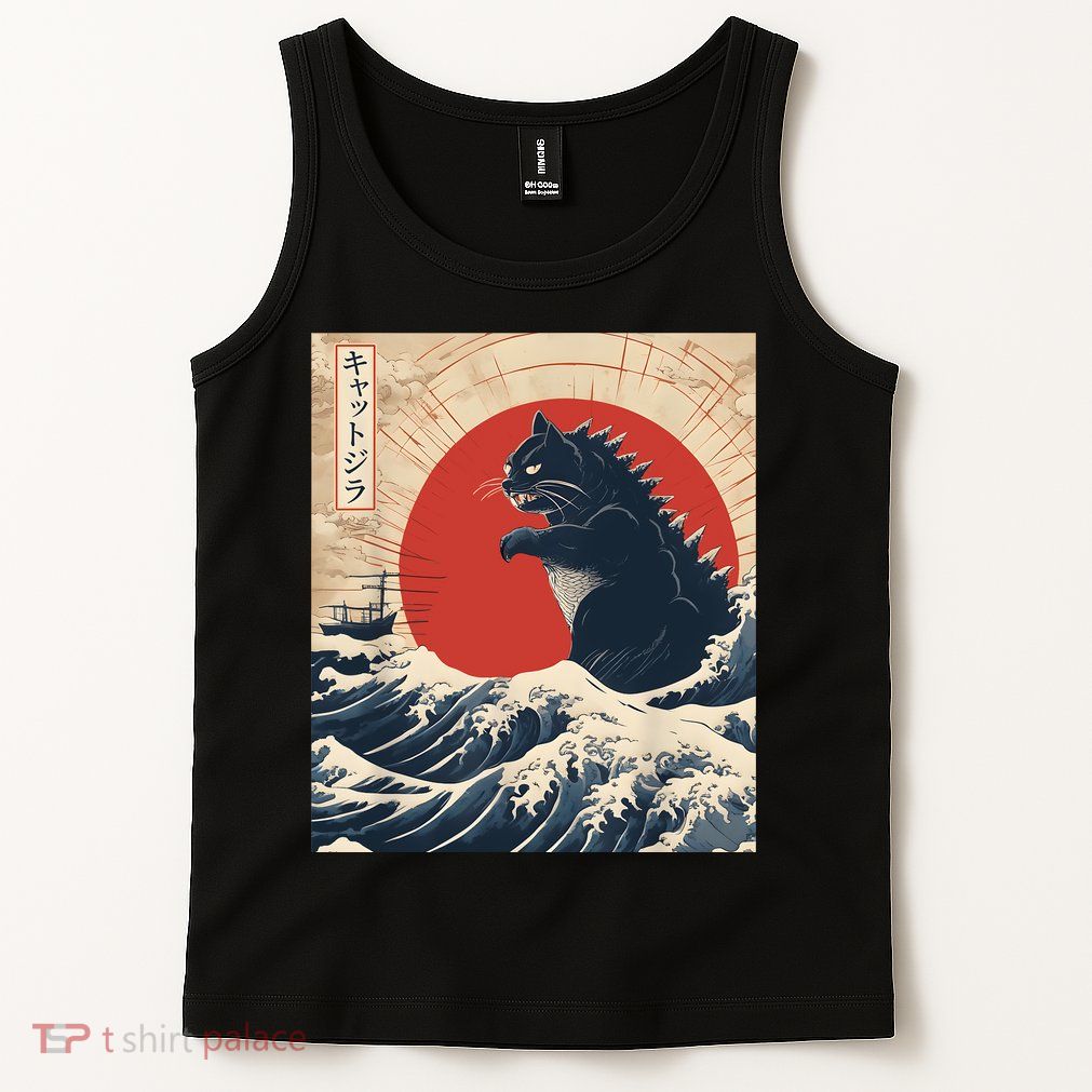 Funny Cat Kaiju Japanese Sunset Vintage Catzilla Great Wave Tank Top